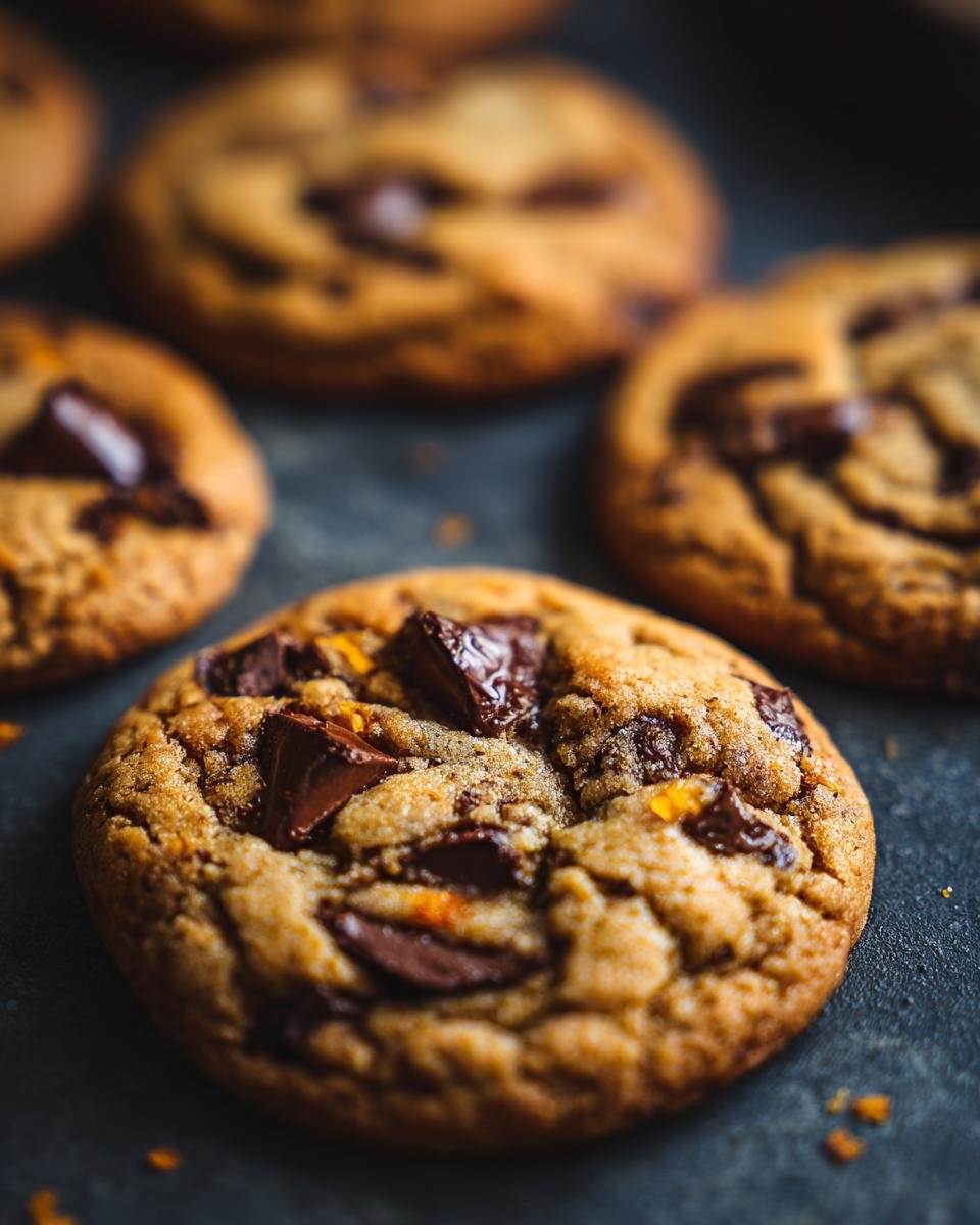 Close-up of a freshly baked Chocolate Orange Cookie with chunks of dark chocolate and flecks of orange zest.