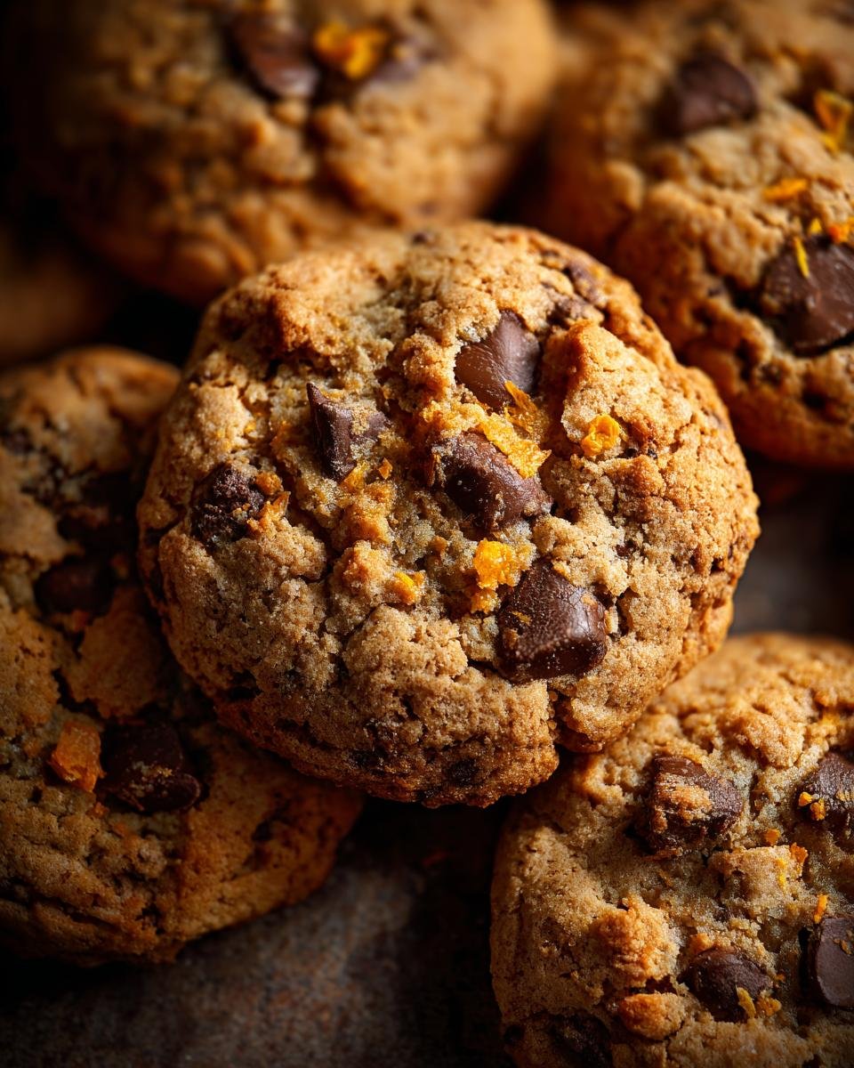 Close-up of freshly baked Chocolate Orange Cookies, with visible chocolate chips and orange zest.