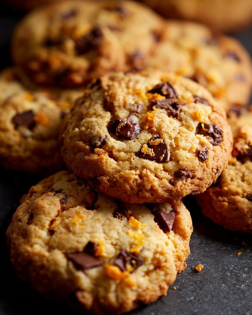 A close-up view of freshly baked Chocolate Orange Cookies, studded with chocolate chips and orange zest.