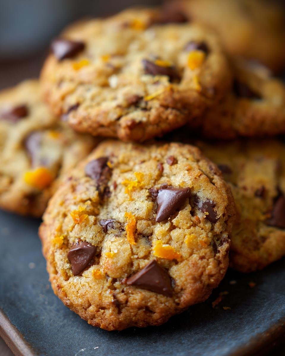A close-up view of freshly baked Chocolate Orange Cookies, studded with chocolate chips and orange zest.