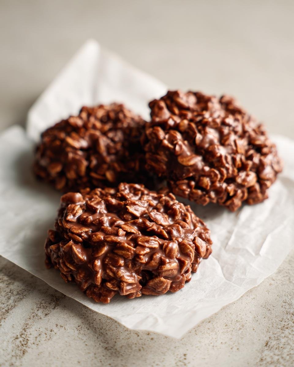 Three rich, fudgy Chocolate Peanut Butter No Bake Cookies piled on white parchment paper.