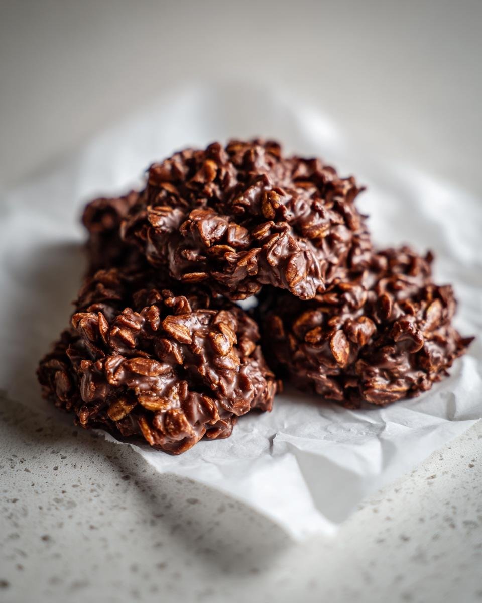 A close-up stack of rich, dark Chocolate Peanut Butter No Bake Cookies resting on white parchment paper.