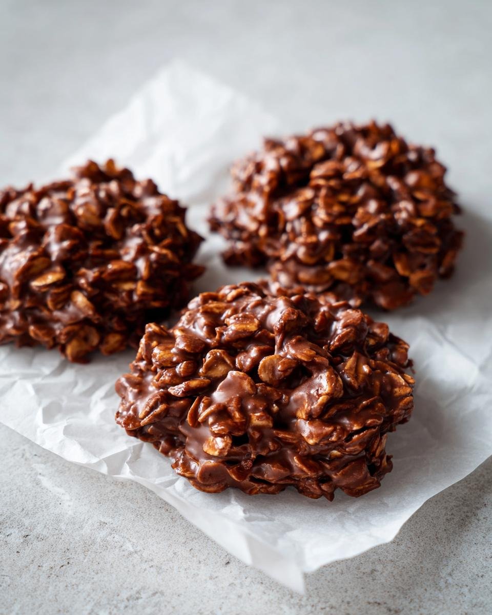 Three rich, fudgy Chocolate Peanut Butter No Bake Cookies resting on white parchment paper.