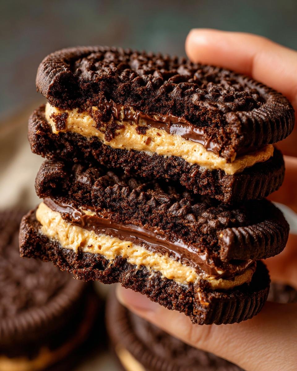 Close-up of a stack of Chocolate Peanut Butter Sandwich Cookies, showing the rich chocolate cookie and creamy peanut butter filling.