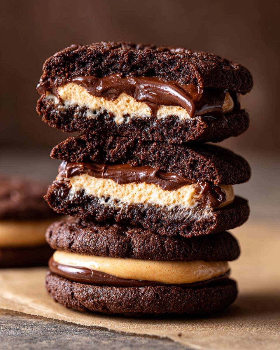 Stack of decadent Chocolate Peanut Butter Sandwich Cookies, showing rich chocolate cookies filled with creamy peanut butter and chocolate ganache.