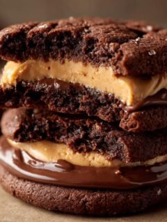 A close-up stack of three chocolate peanut butter sandwich cookies, showing the rich chocolate cookie and creamy peanut butter filling.