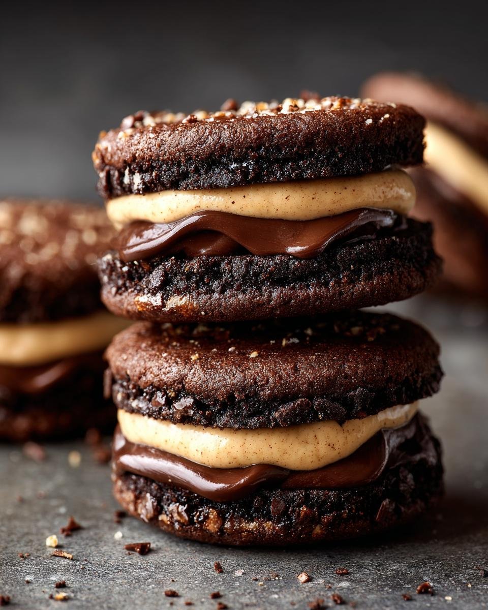 Close-up of two stacked Chocolate Peanut Butter Sandwich Cookies, showing creamy peanut butter and rich chocolate filling.