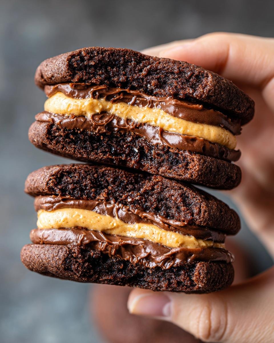 Close-up of two stacked Chocolate Peanut Butter Sandwich Cookies, showing rich chocolate cookies filled with creamy peanut butter and chocolate ganache.