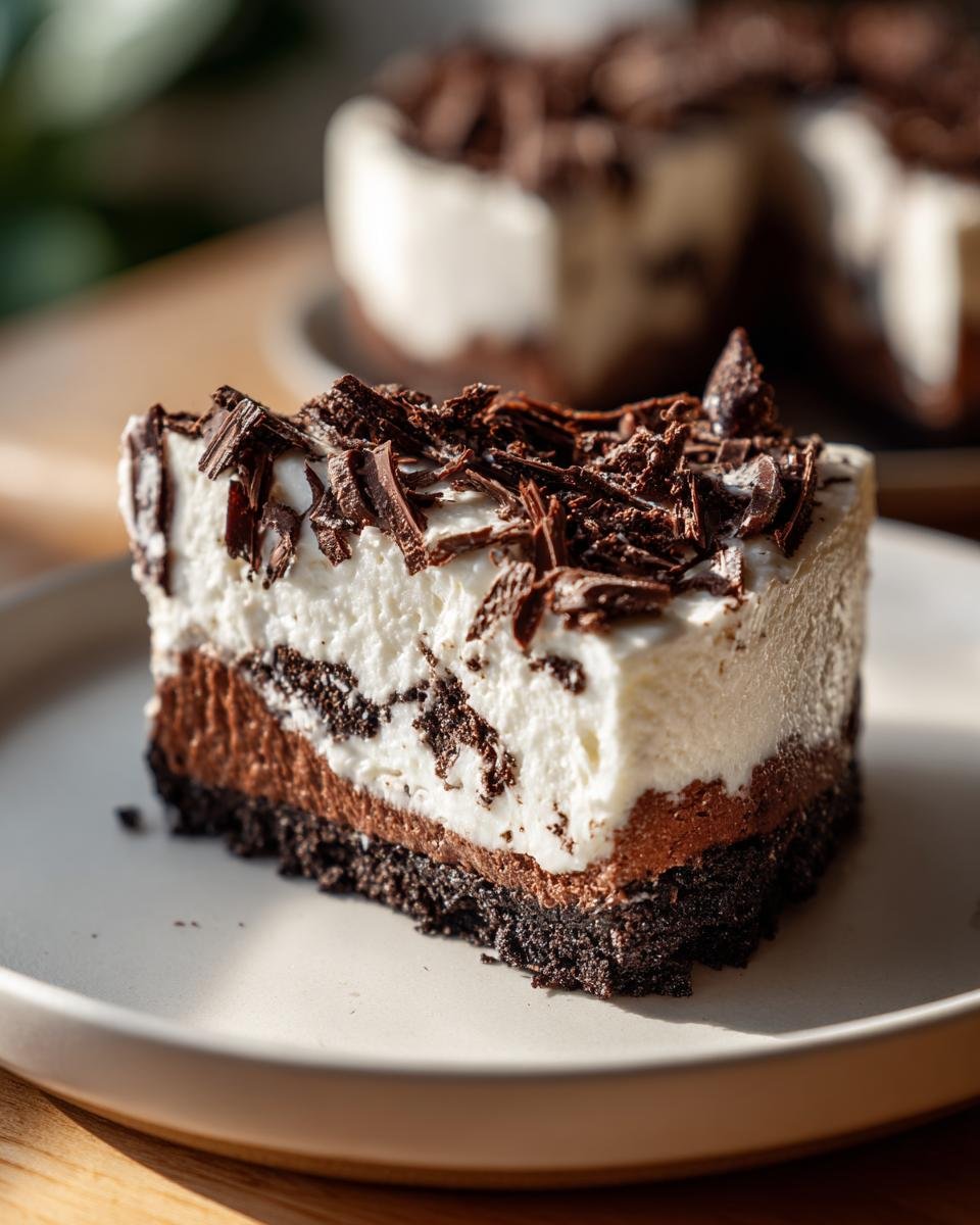 A decadent slice of Chocolate Peppermint Cheesecake with layers of chocolate and cream, topped with chocolate shavings.