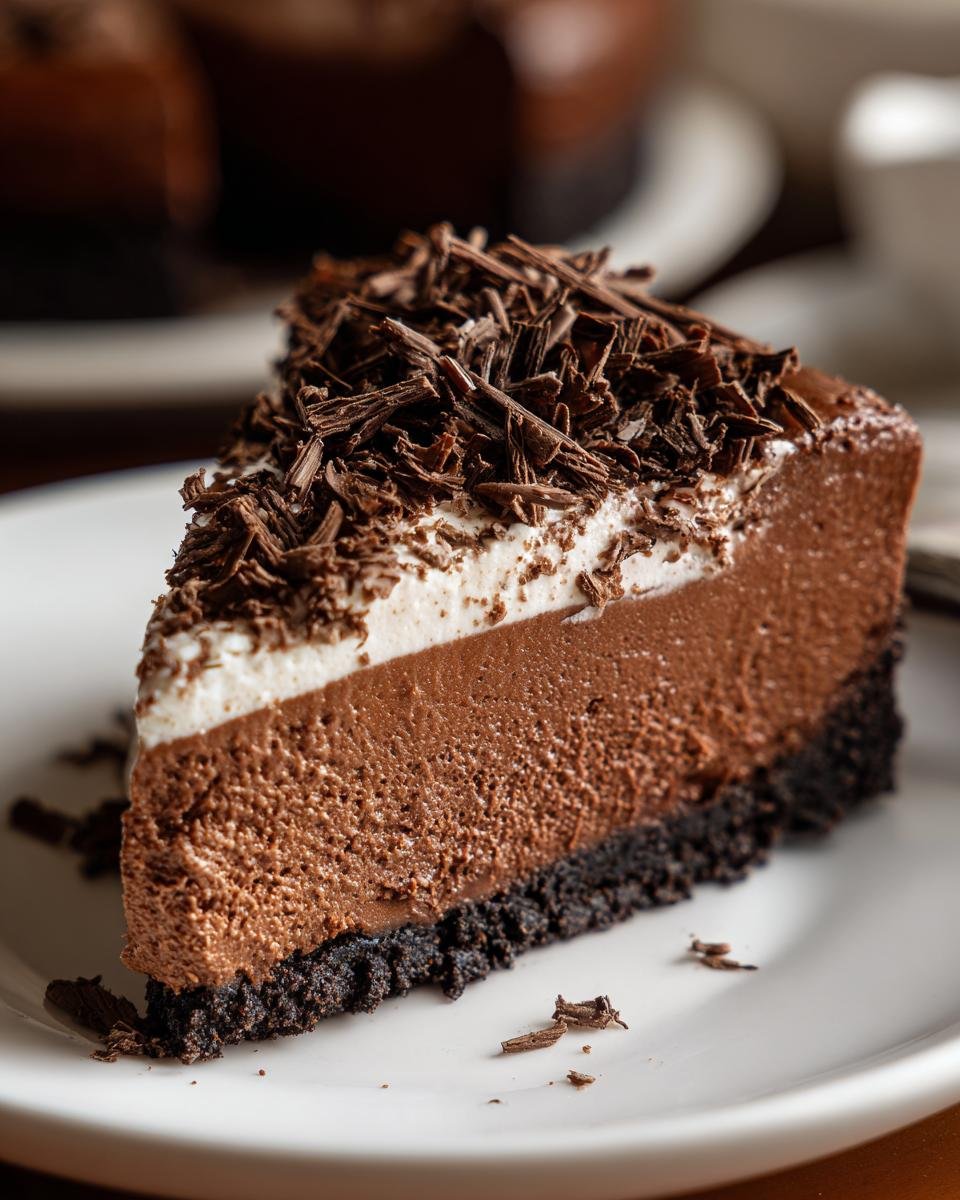 A decadent slice of Chocolate Peppermint Cheesecake topped with chocolate shavings on a white plate.