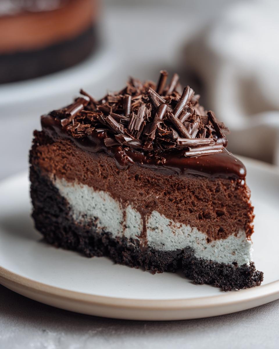A decadent slice of Chocolate Peppermint Cheesecake with chocolate shavings and ganache.