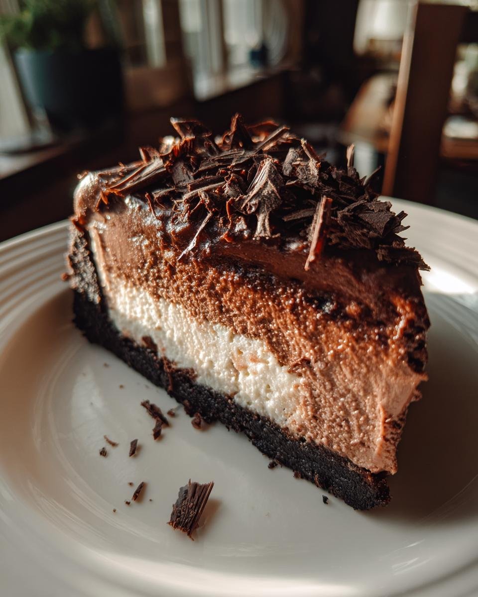 A decadent slice of Chocolate Peppermint Cheesecake with layers of chocolate and white filling, topped with chocolate shavings.