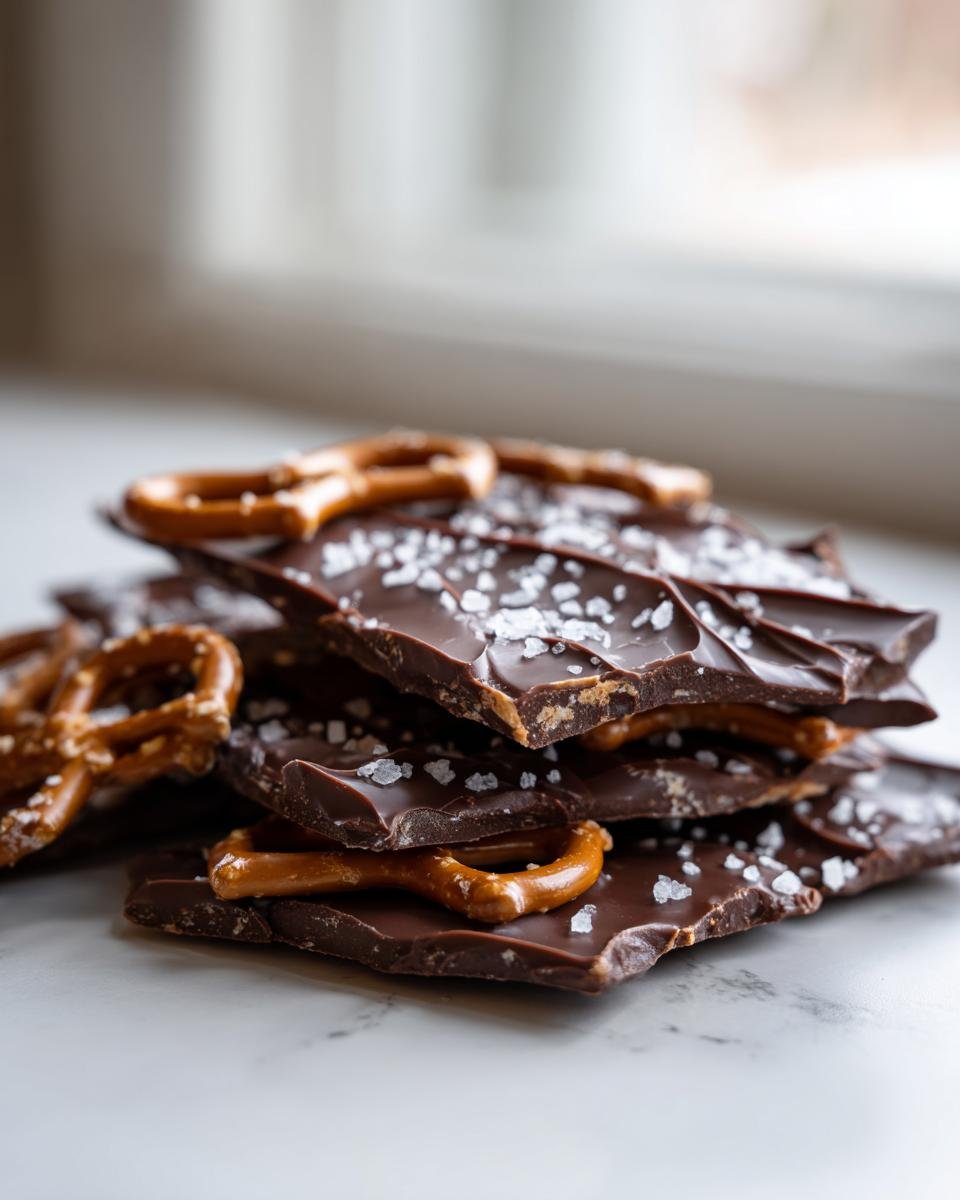 A stack of broken pieces of dark Chocolate Pretzel Bark, topped with whole mini pretzels and coarse sea salt.