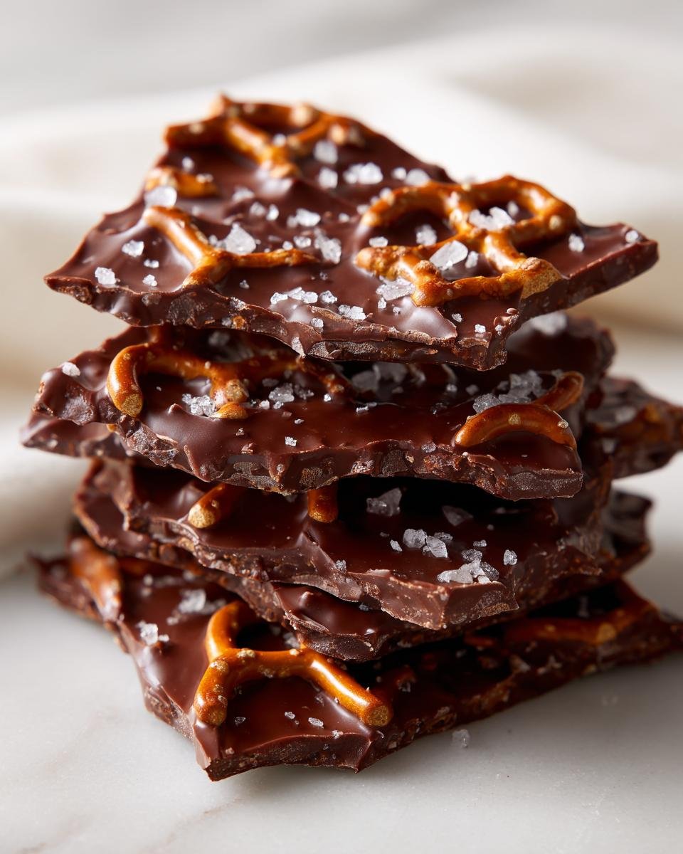 A stack of broken pieces of rich, dark Chocolate Pretzel Bark topped with flaky sea salt.