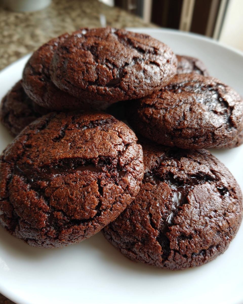 A pile of rich, dark Chocolate Shortbread cookies on a white plate, showing their crinkled tops and melted chocolate chips.