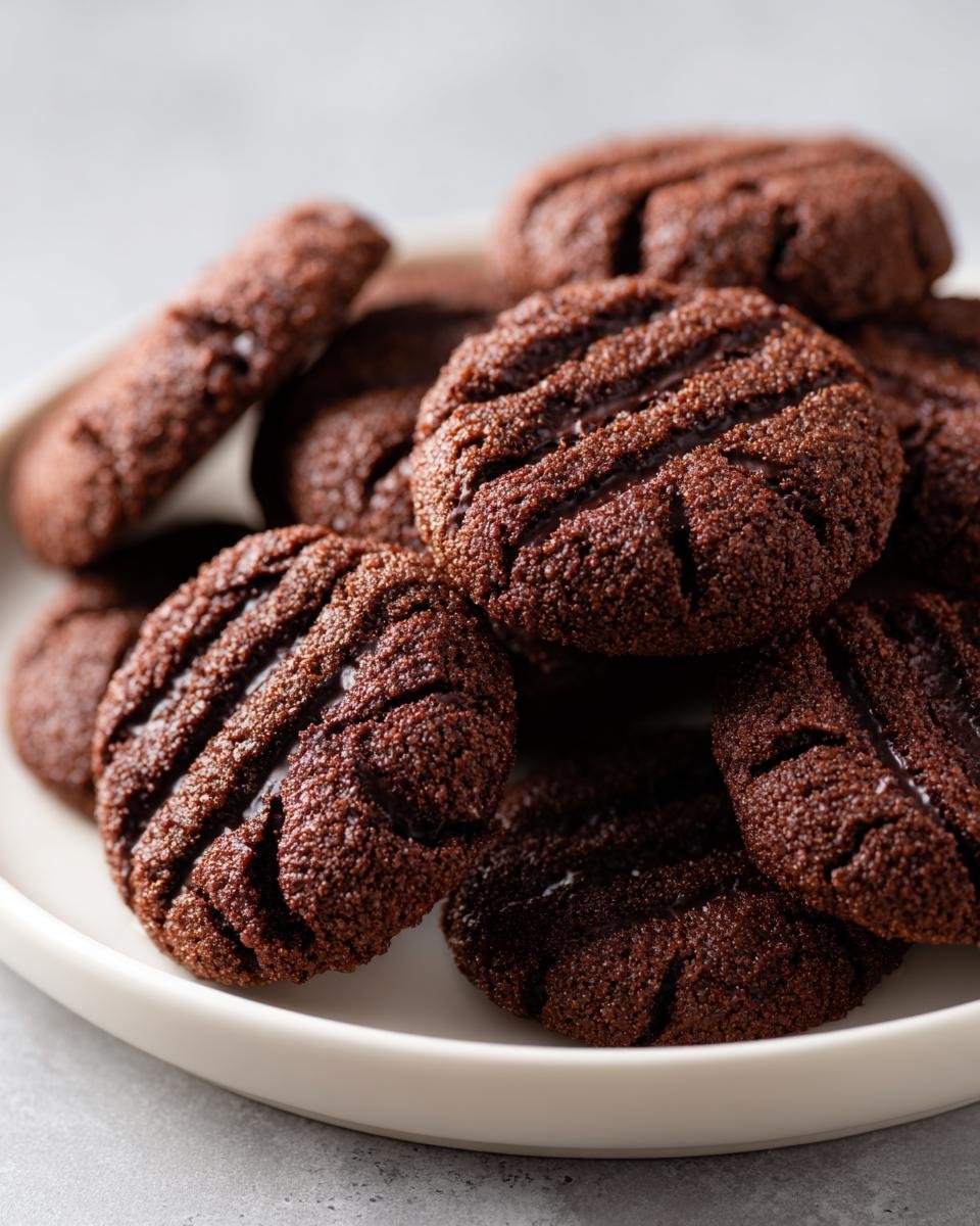 A pile of rich, dark Chocolate Shortbread cookies with a textured surface and a glossy finish.