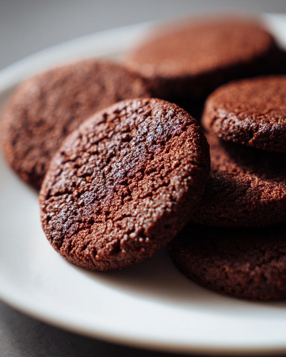 Close-up of rich Chocolate Shortbread cookies piled on a white plate, showcasing their textured surface.
