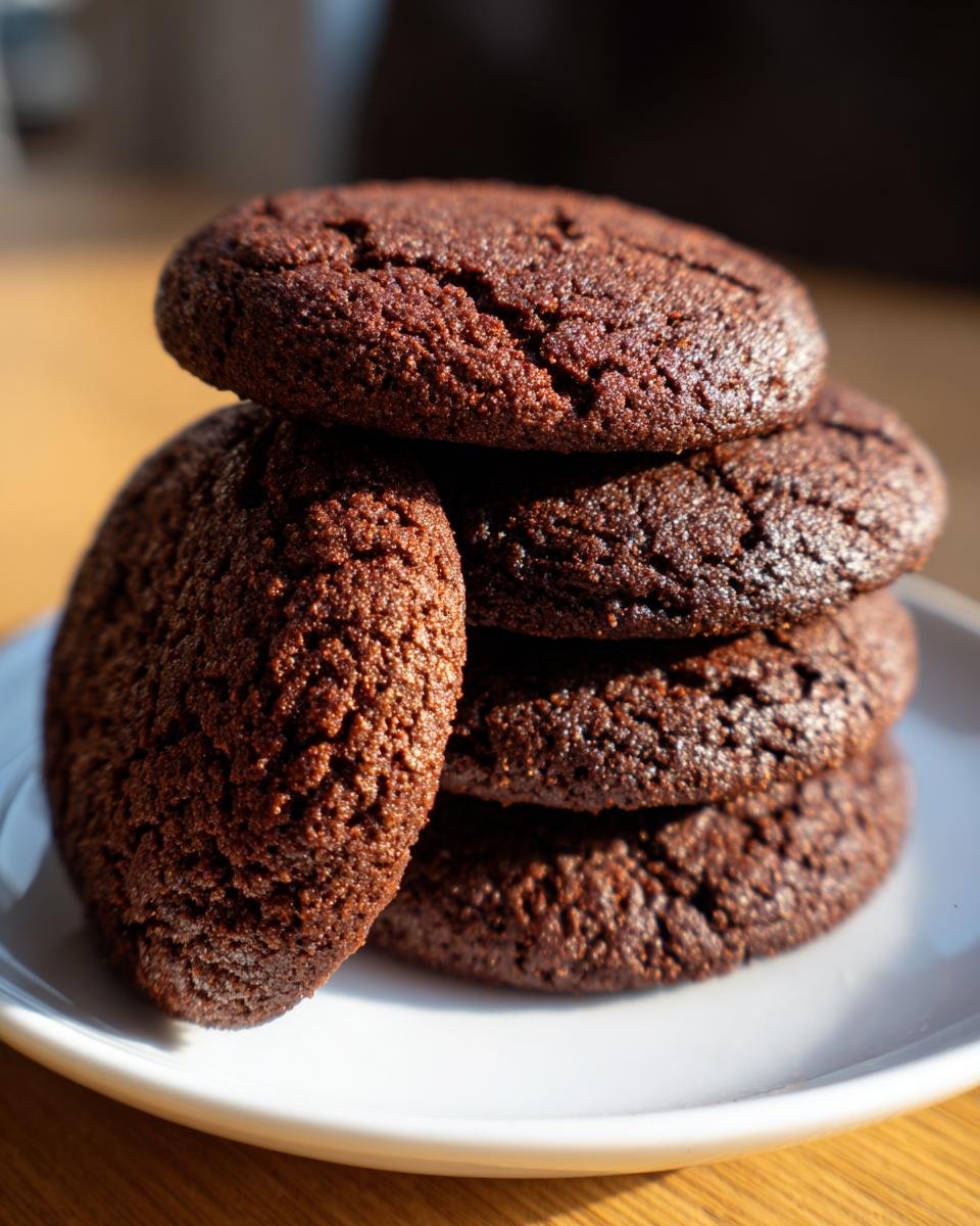 A close-up stack of rich, dark Chocolate Shortbread cookies on a white plate.