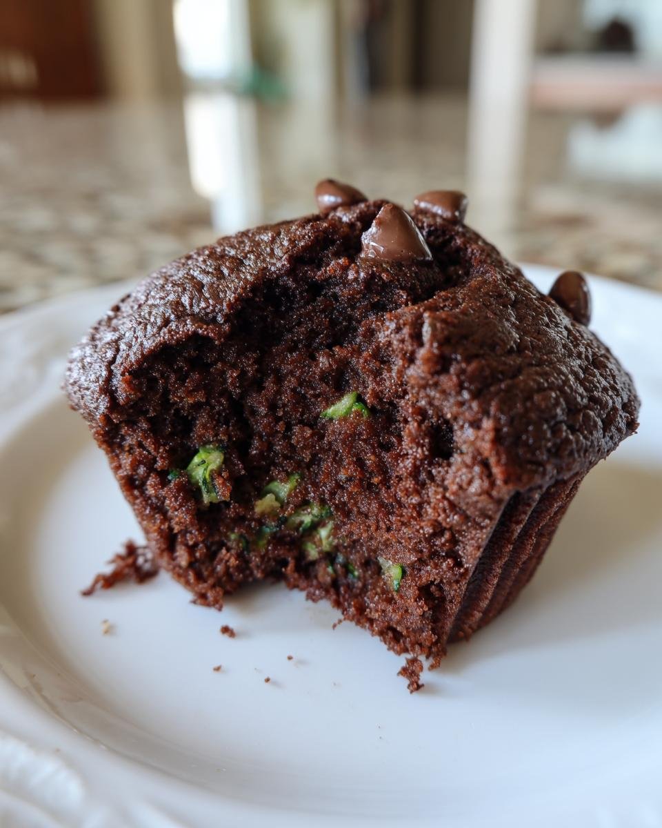 A close-up of a moist Chocolate Zucchini Cupcake with a bite taken out, showing chocolate chips and zucchini pieces.