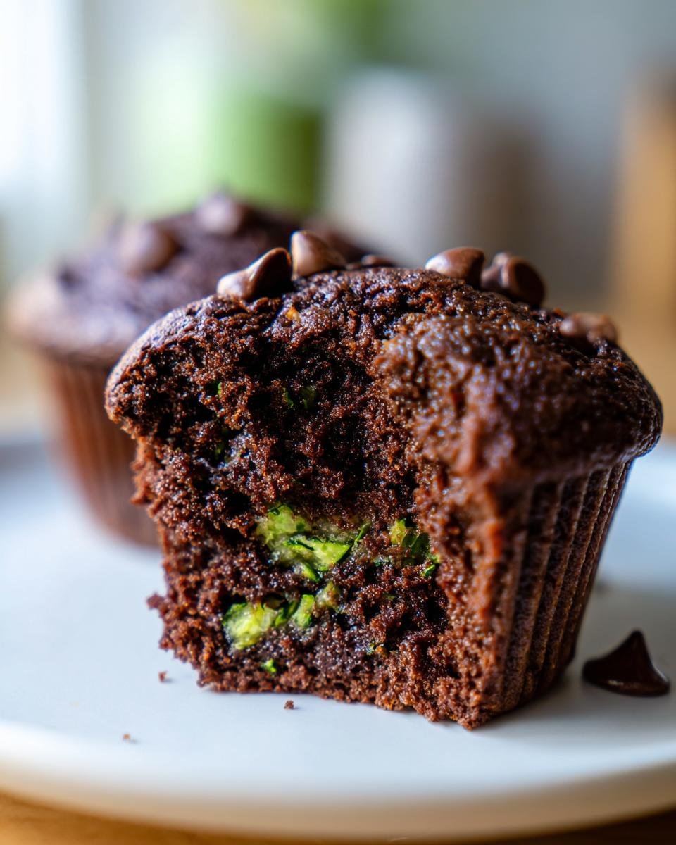 Close-up of a moist Chocolate Zucchini Cupcake with a bite taken out, revealing green zucchini shreds and chocolate chips.