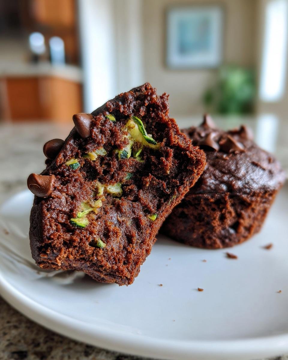 Close-up of a broken Chocolate Zucchini Cupcake revealing moist texture and zucchini shreds, topped with chocolate chips.
