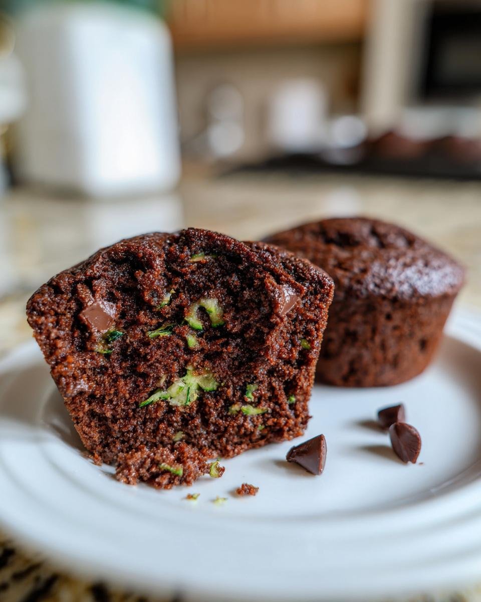 A close-up of a moist Chocolate Zucchini Cupcake, cut in half, revealing chocolate chips and zucchini shreds. Another cupcake is in the background.
