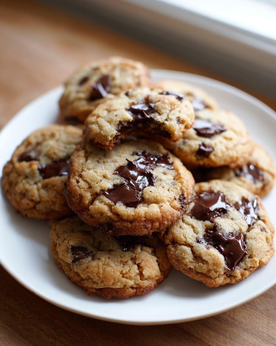 A stack of freshly baked Christmas Chocolate Chip Cookies with melted chocolate centers on a white plate.