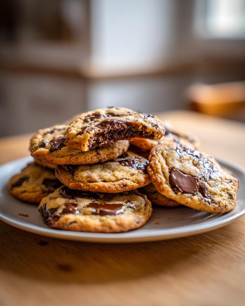 A stack of soft, gooey Christmas Chocolate Chip Cookies with melted chocolate chunks on a light plate.