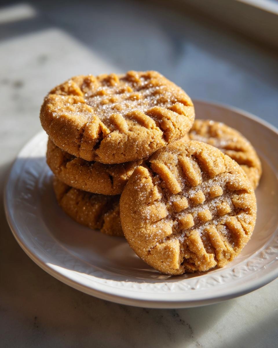 A stack of four classic Christmas Mm Peanut Butter Cookies, featuring fork cross-hatch marks and a dusting of sugar.
