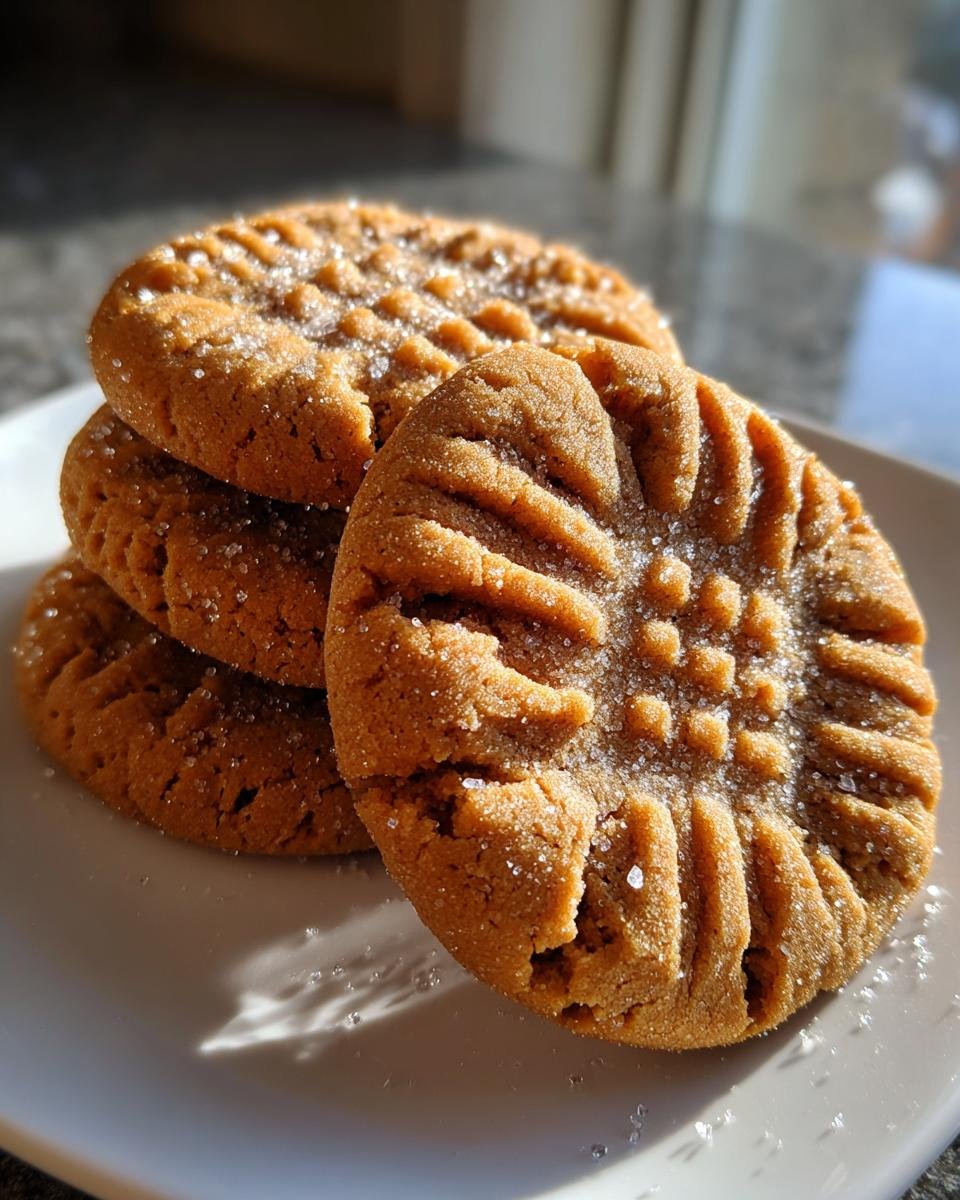 Close-up of stacked Christmas Mm Peanut Butter Cookies, featuring classic fork tines marks and a dusting of sugar.