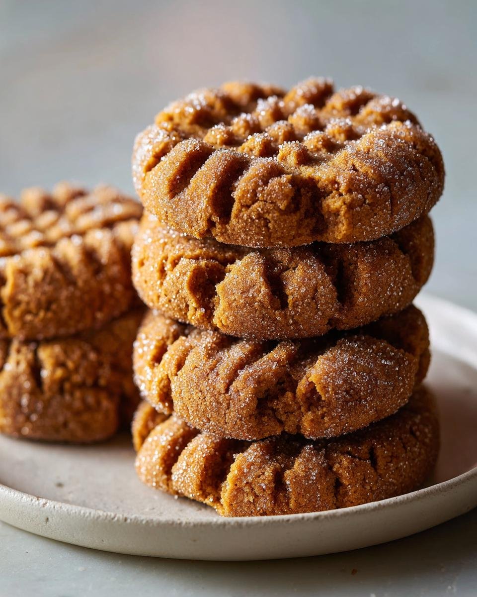 A stack of four rich brown Christmas Mm Peanut Butter Cookies, coated in sparkling sugar and pressed with a fork pattern.
