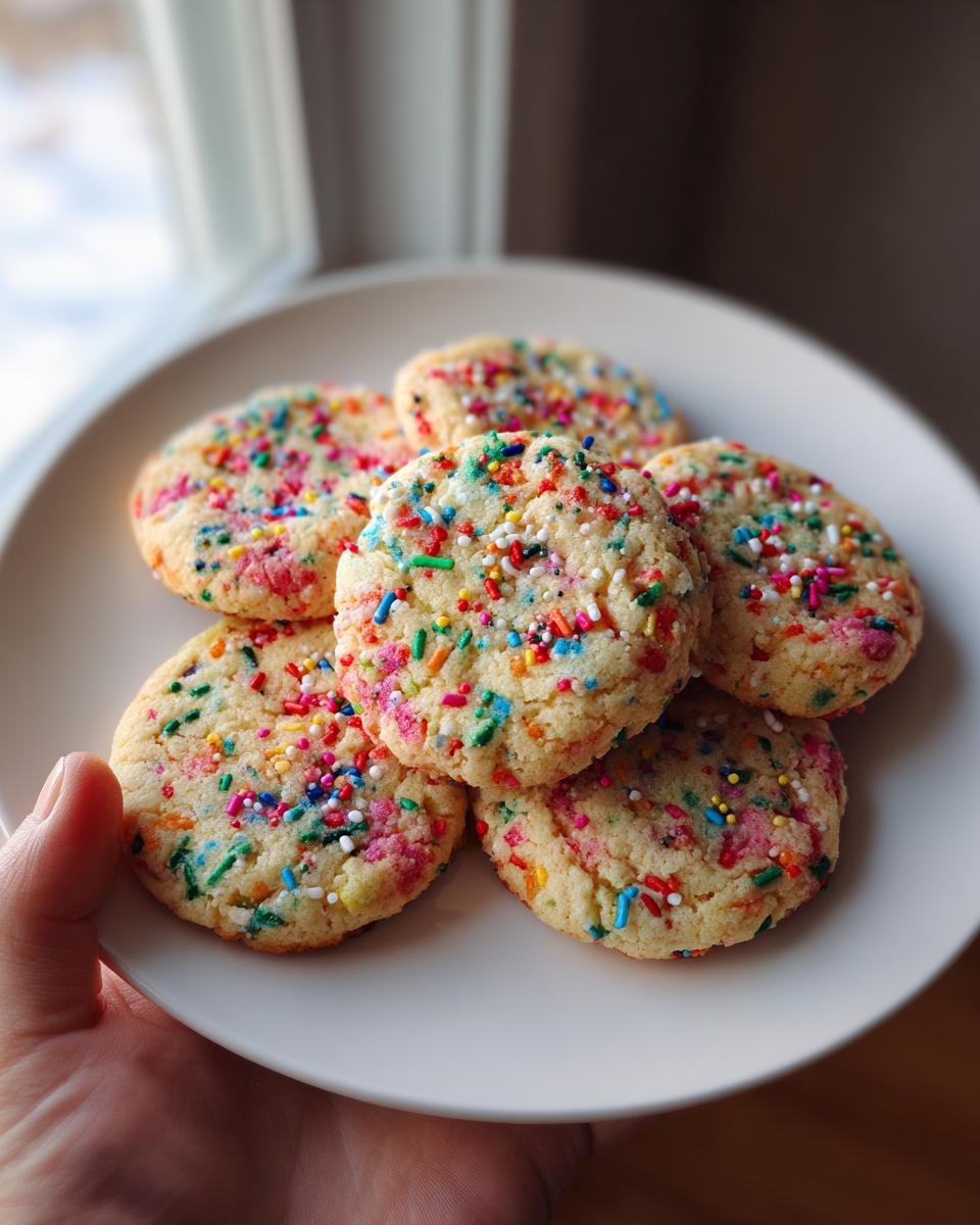 Five freshly baked Christmas Sprinkle Slice Bake Cookies covered in colorful rainbow sprinkles on a white plate.