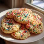 A stack of freshly baked Christmas Sprinkle Slice Bake Cookies covered in colorful jimmies, sitting on a white plate near a sunny window.