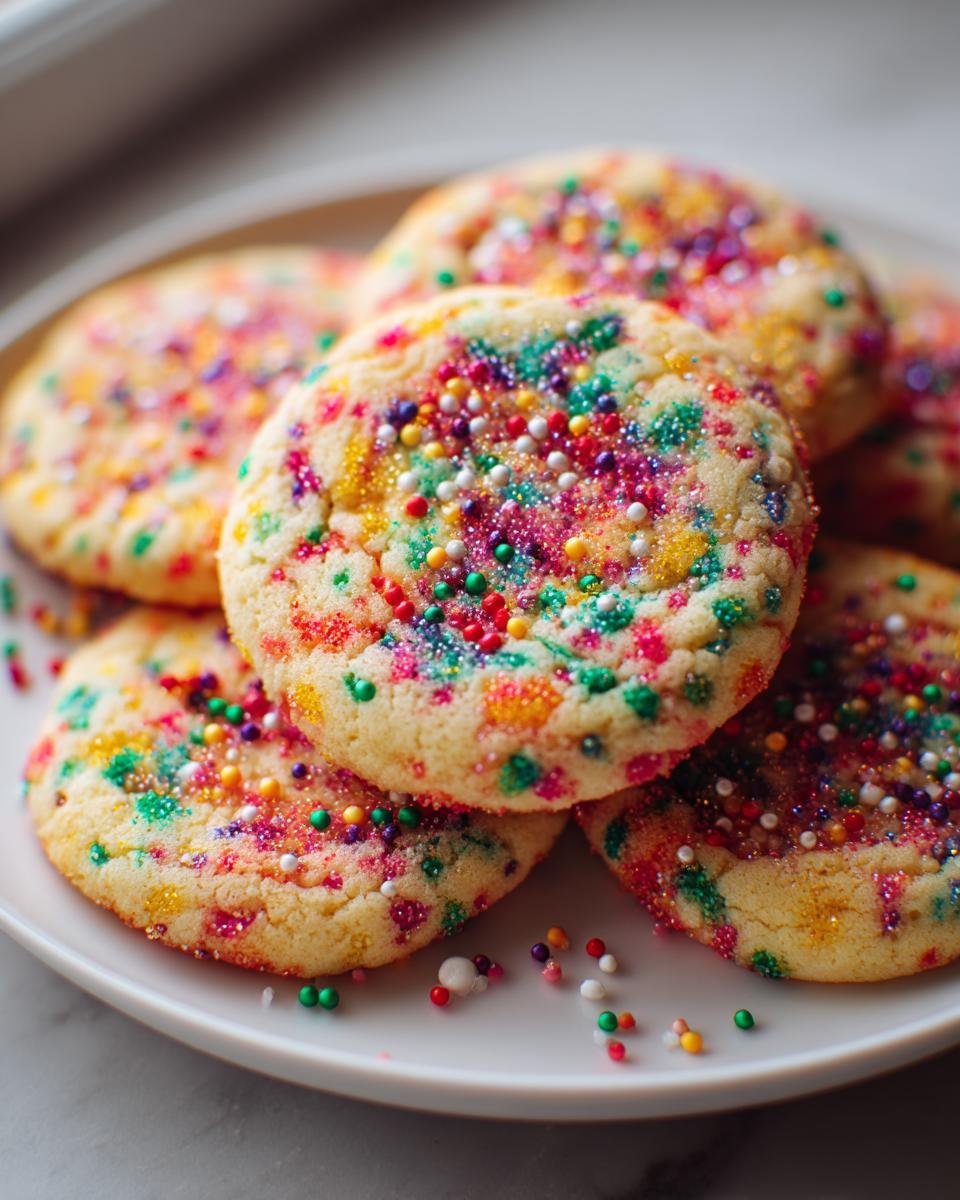 Close-up of soft, round Christmas Sprinkle Slice Bake Cookies heavily topped with colorful holiday sprinkles.