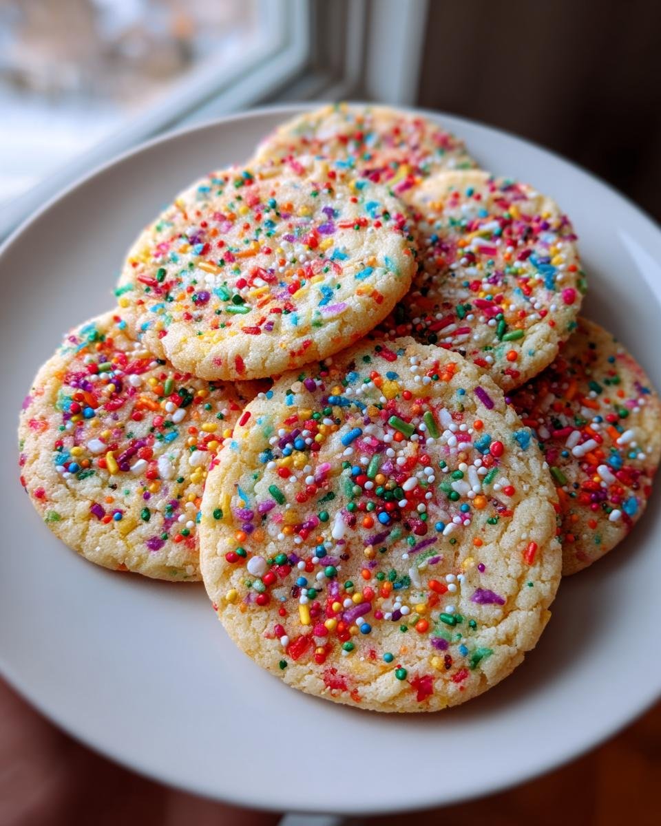 A stack of freshly baked Christmas Sprinkle Slice Bake Cookies covered in colorful sprinkles on a white plate.