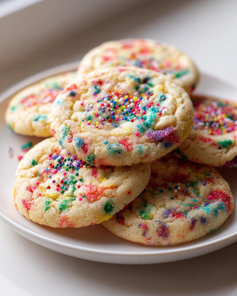 A stack of soft, round Christmas Sprinkle Slice Bake Cookies covered in colorful sprinkles on a white plate.