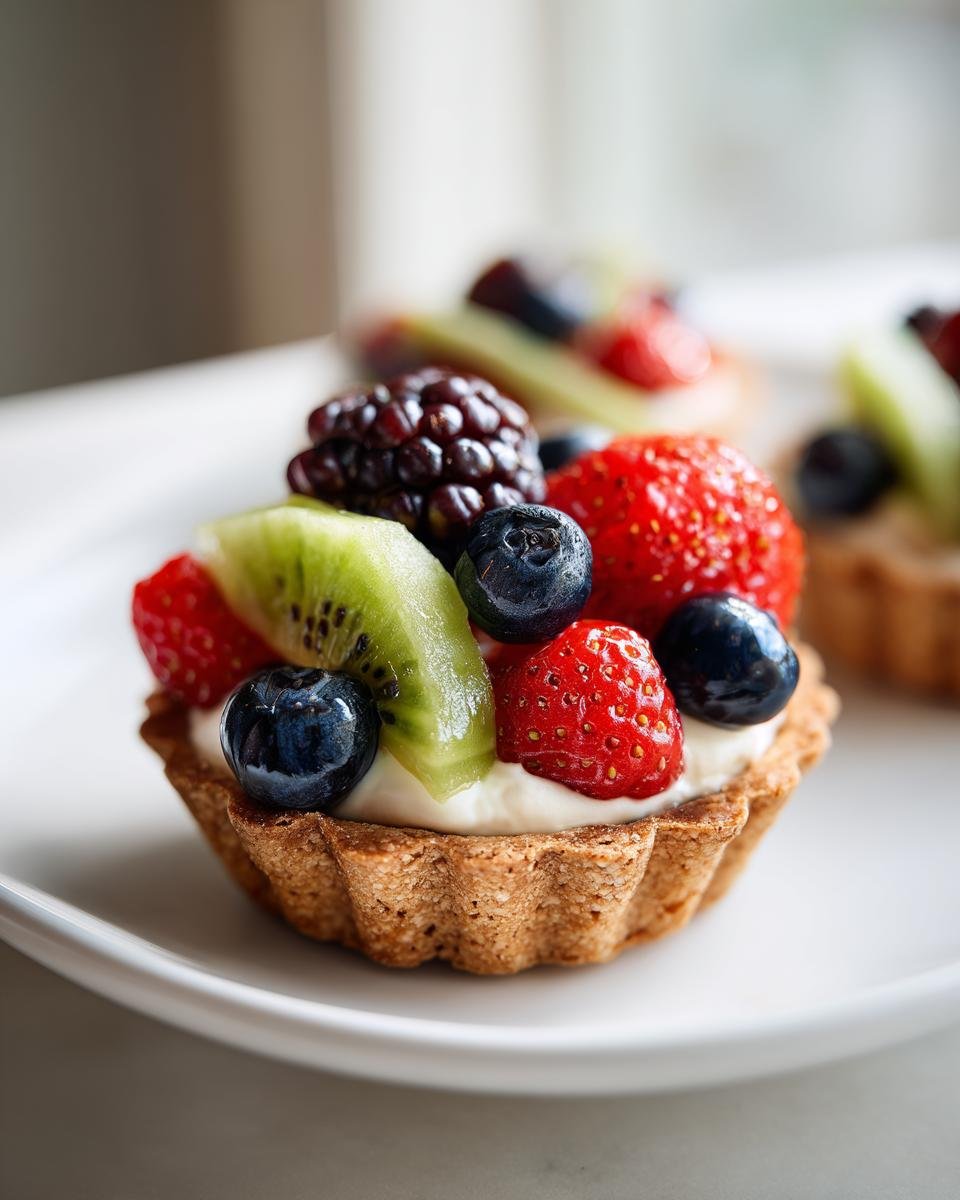 A close-up of one of the Mini Fruit Tarts topped with cream, strawberries, blueberries, kiwi, and a blackberry.