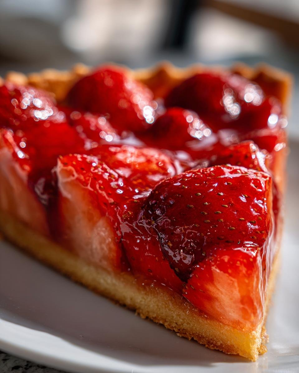 A close-up, macro shot of a glistening slice of Strawberry Pie featuring fresh strawberries under a shiny glaze on a golden crust.
