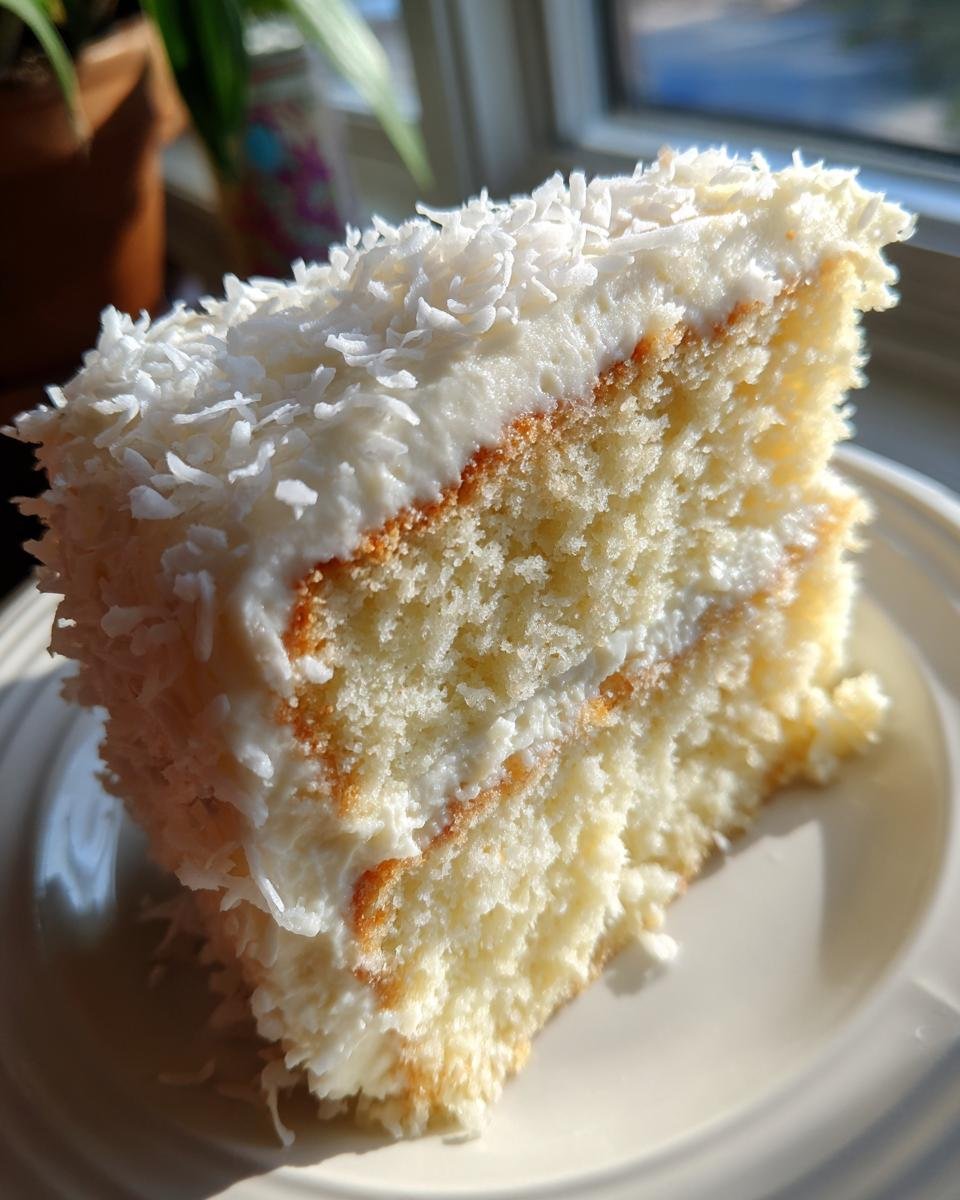 A moist slice of Coconut Cake With Coconut Frosting, layered and topped with shredded coconut.