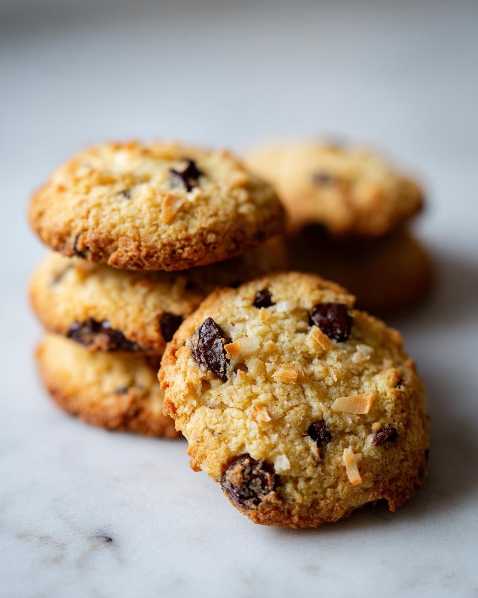 A close-up stack of golden brown Coconut Chocolate Chip Cookies, showcasing chocolate chips and toasted coconut flakes.