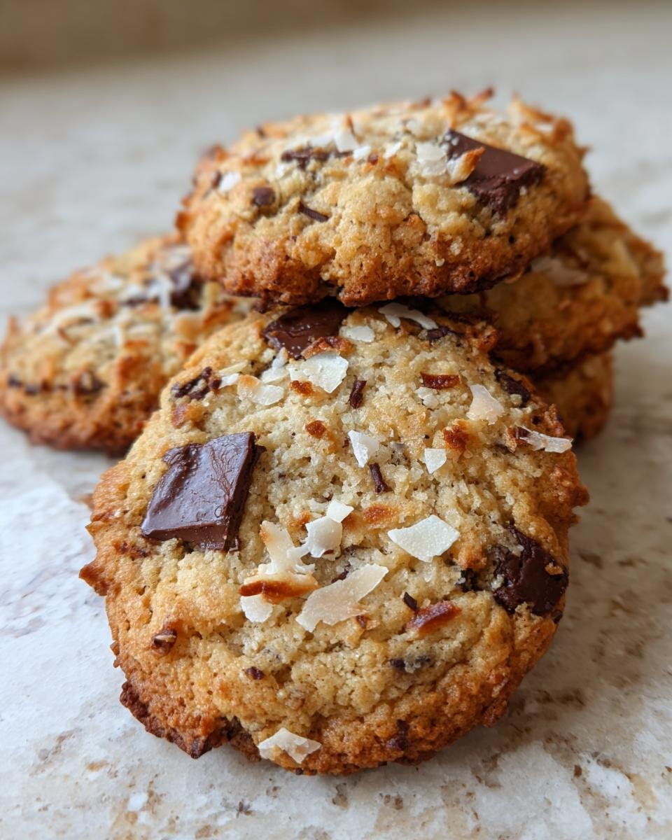 A close-up stack of freshly baked Coconut Chocolate Chip Cookies, showcasing chocolate chunks and shredded coconut.