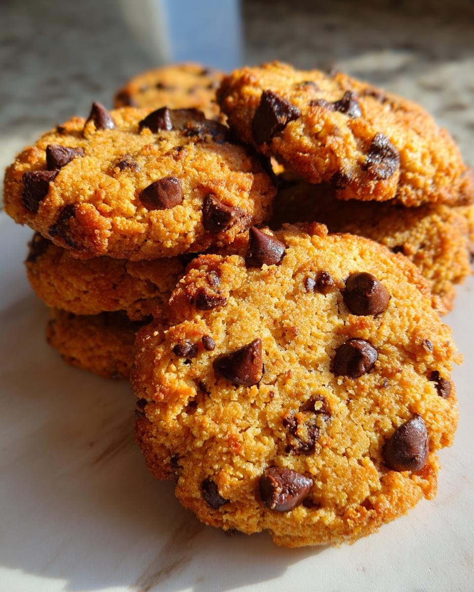 A close-up stack of golden-brown Coconut Chocolate Chip Cookies, studded with dark chocolate chips.