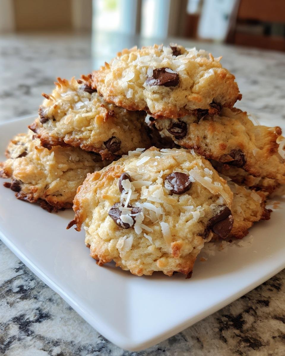 A stack of golden-brown Coconut Chocolate Chip Cookies, topped with shredded coconut and dark chocolate chips.