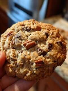 A close-up of a chewy Cowboy Cookie held in a hand, packed with chocolate chips and pecans.