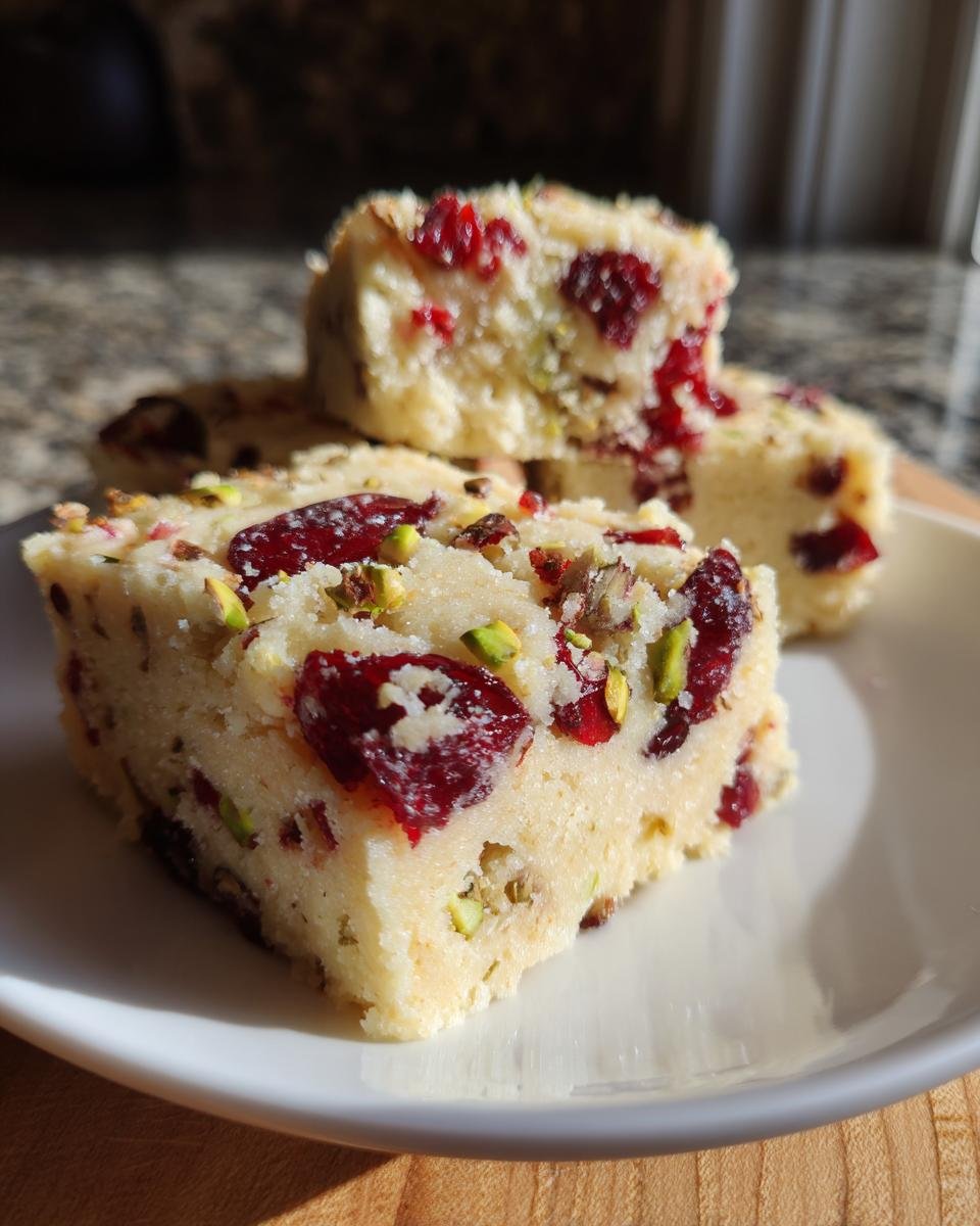 Three slices of rich Cranberry Pistachio Shortbread stacked on a white plate, showing dried cranberries and green pistachios.