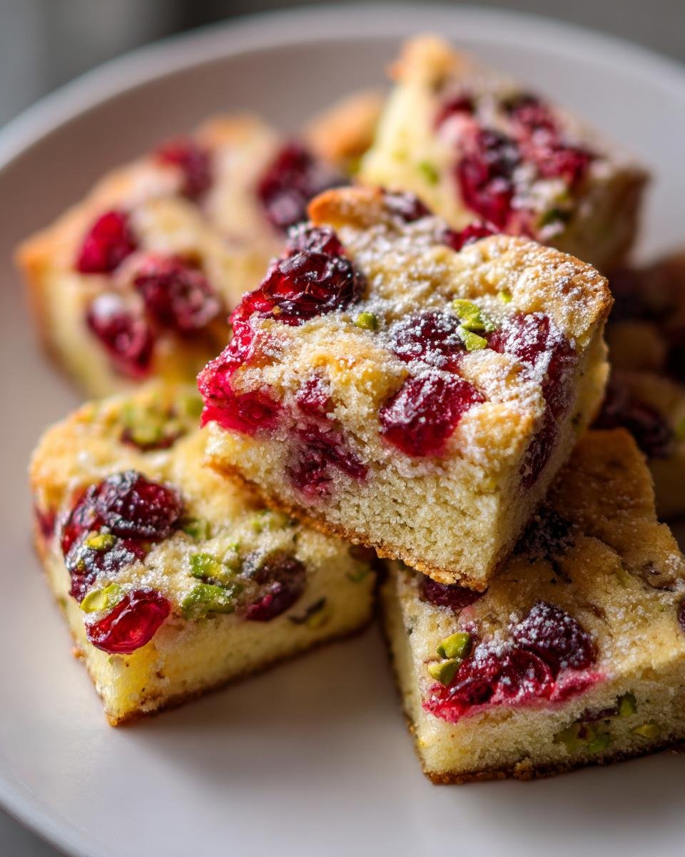 Close-up of stacked Cranberry Pistachio Shortbread squares dusted with powdered sugar.