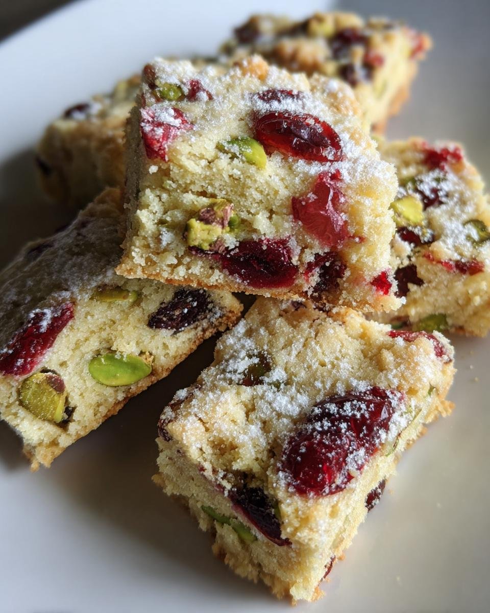 Close-up of several squares of Cranberry Pistachio Shortbread dusted with powdered sugar.