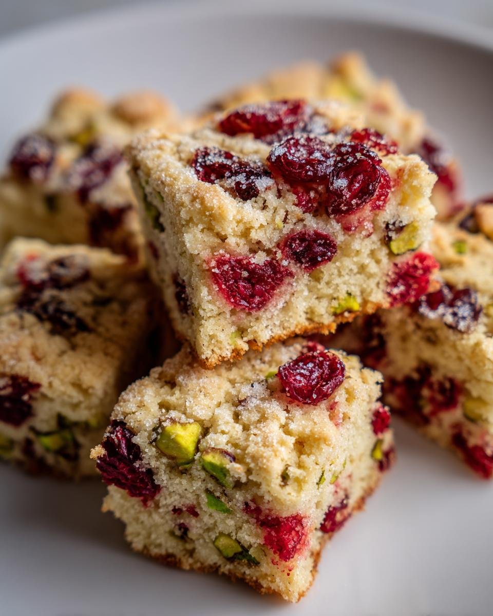 Close-up of several squares of Cranberry Pistachio Shortbread topped with sugar crystals.