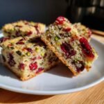 Cross-section view of rich Cranberry Pistachio Shortbread squares showing bright red cranberries and green pistachios.