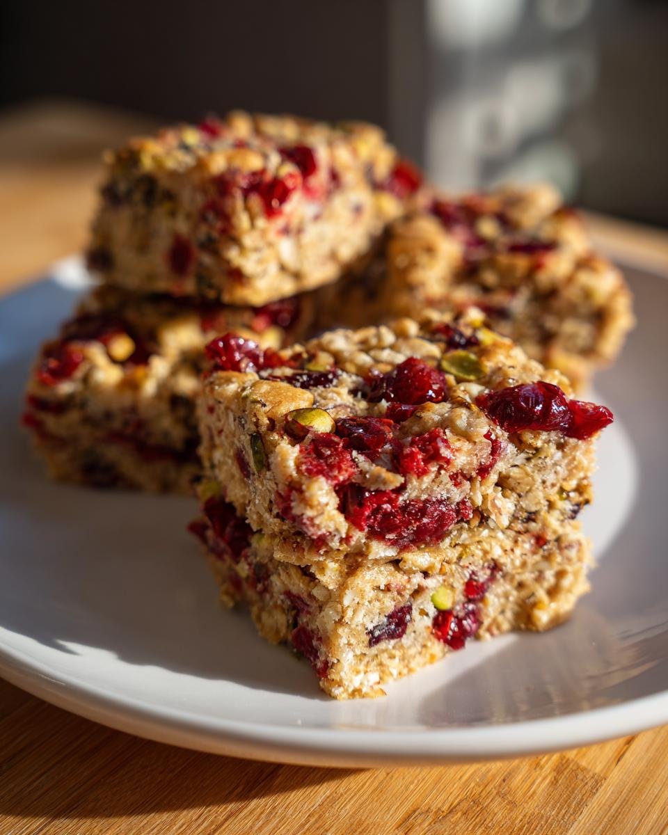 Close-up of stacked Cranberry Pistachio Shortbread squares loaded with dried cranberries and green pistachios on a white plate.